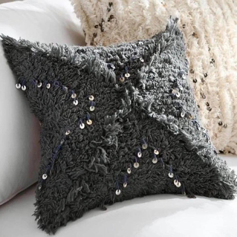 Pottery Barn Charcoal Shaggy Sequin Accent Pillow covers. Set of 2